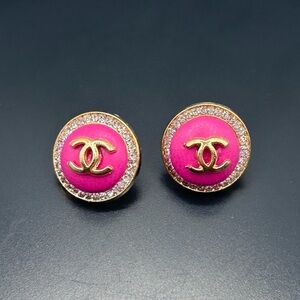 Vibrant Fuchsia and Gold Monogram Button Earrings